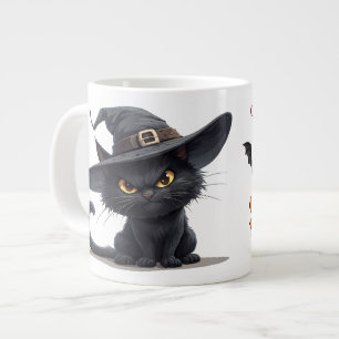 Black Cat Wearing Witch Hat With Halloween Magic Large Coffee Mug