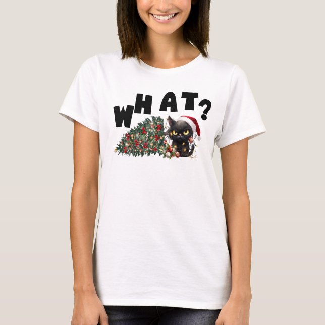 Black Cat What, Funny Christmas T-Shirt (Front)