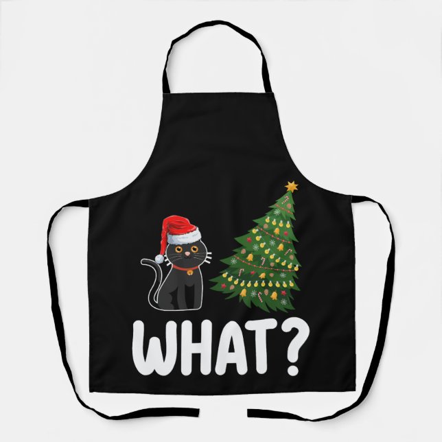 Black Cat What Pushing Christmas Tree Funny Apron (Front)