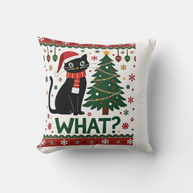 Black Cat What Pushing Christmas Tree Funny Cat Xm Cushion (Front)