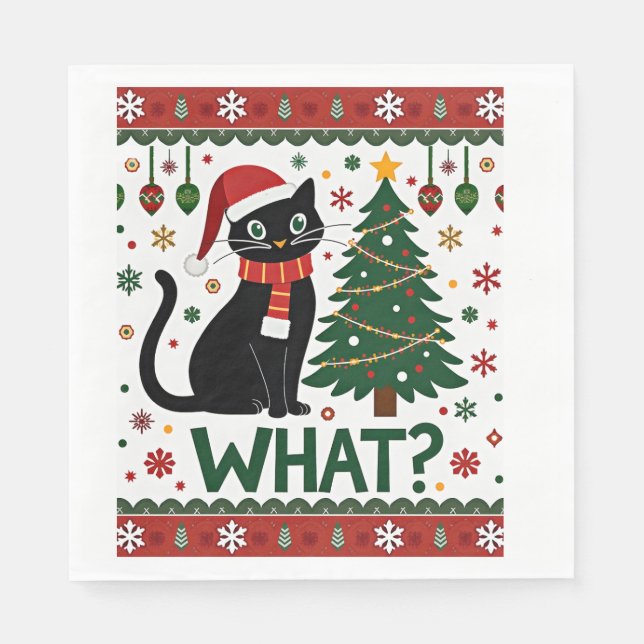 Black Cat What Pushing Christmas Tree Funny Cat Xm Napkin (Front)