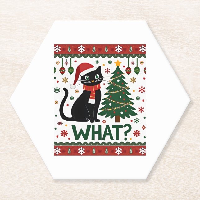 Black Cat What Pushing Christmas Tree Funny Cat Xm Paper Coaster (Front)