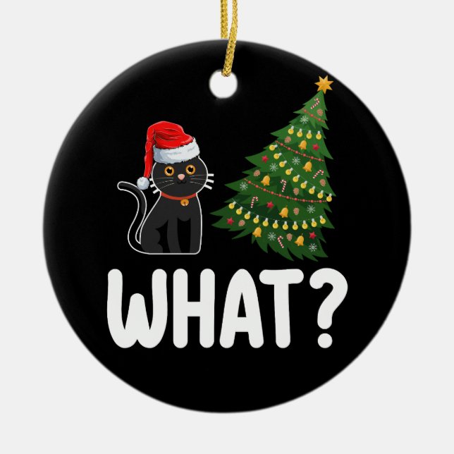 Black Cat What Pushing Christmas Tree Funny Ceramic Tree Decoration (Front)