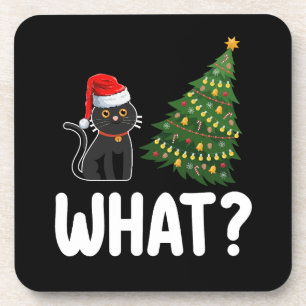 Black Cat What Pushing Christmas Tree Funny Coaster