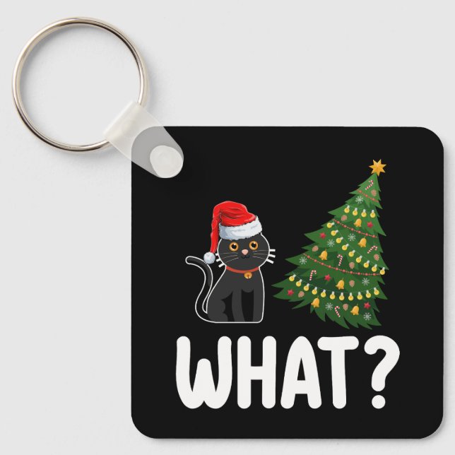 Black Cat What Pushing Christmas Tree Funny Key Ring (Front)
