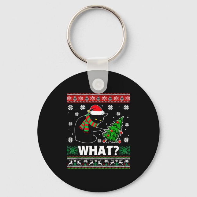 Black Cat What Pushing Tree Over Ugly Christmas Sw Key Ring (Front)