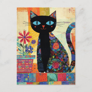 Black Cat Whimsical Artwork Postcard
