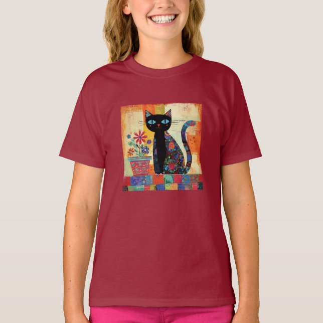 Black Cat Whimsical Artwork T-Shirt (Front)