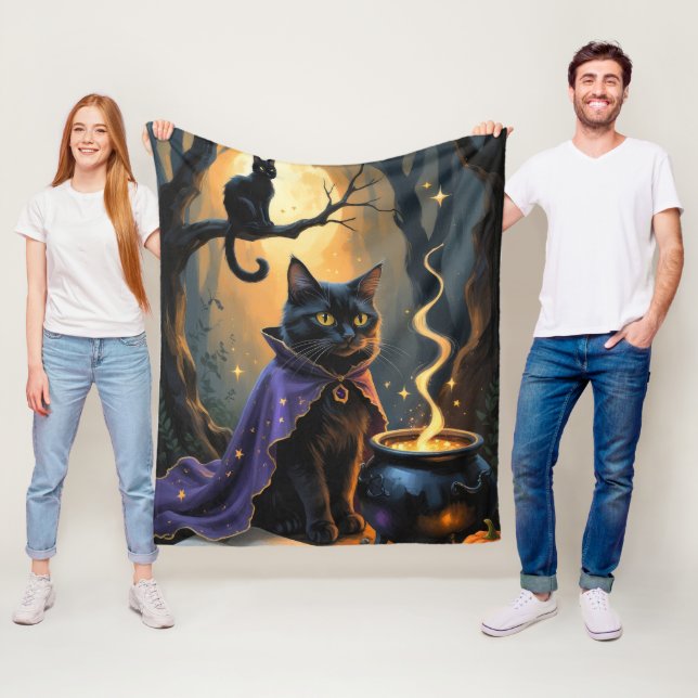 Black Cat Whimsical Halloween Painting Fleece Blanket (In Situ)