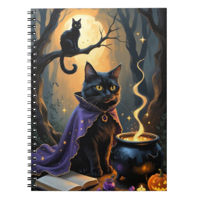 Black Cat Whimsical Halloween Painting Notebook (Front)