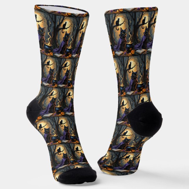 Black Cat Whimsical Halloween Painting Socks (Angled)