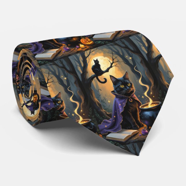 Black Cat Whimsical Halloween Painting Tie (Rolled)