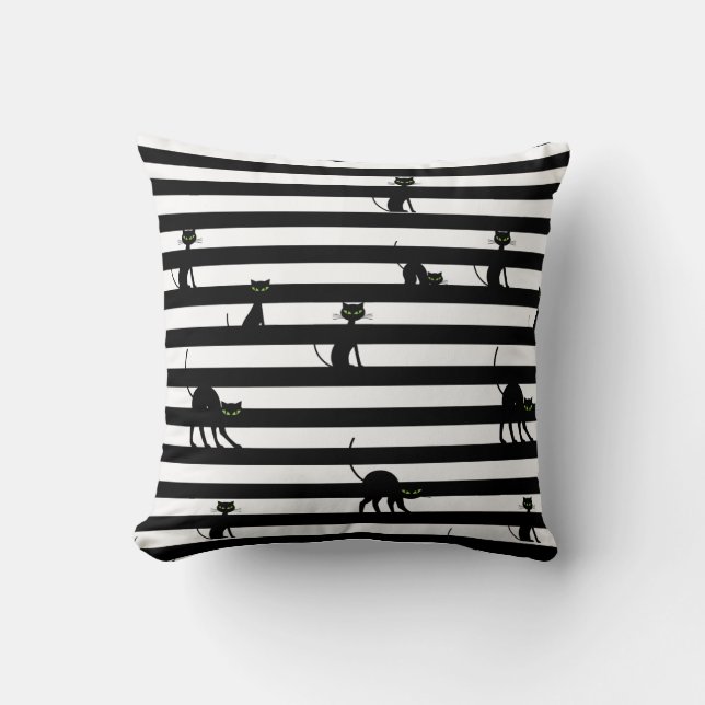 Black Cat & White Stripes Chic Halloween Cushion (Front)