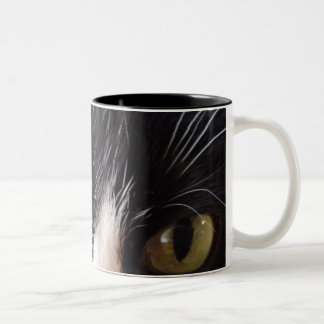 Black Cat, White Whiskers, Green Eyes Two-Tone Coffee Mug