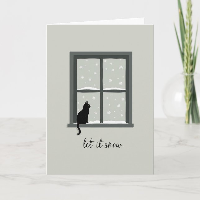 Black Cat Window Let It Snow Winter Card (Front)