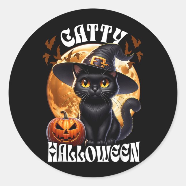 Black Cat Witch Catty Halloween Black Cat Classic Round Sticker (Front)