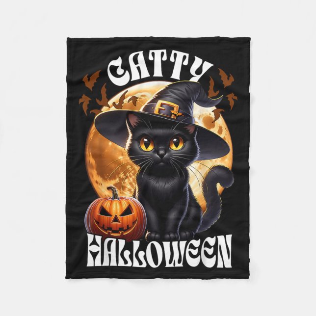 Black Cat Witch Catty Halloween Black Cat Fleece Blanket (Front)