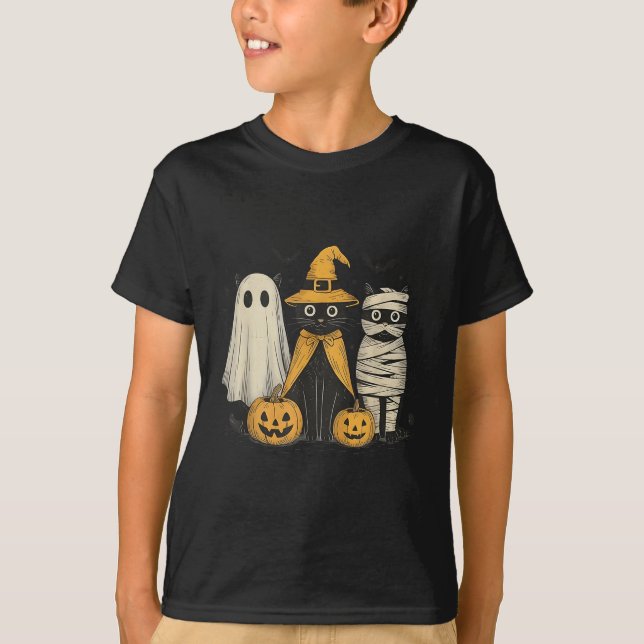 Black Cat Witch Ghost Y Halloween Pumpkin Men Kids T-Shirt (Front)