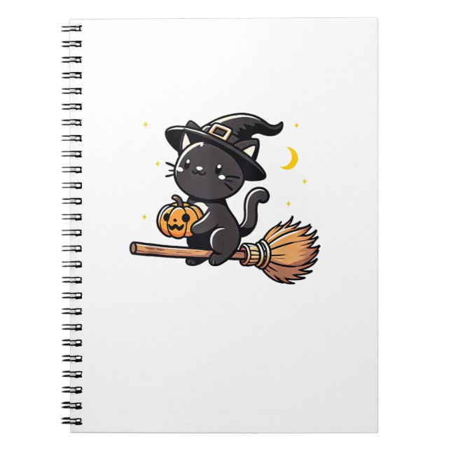 Black Cat Witch Halloween Costume Broom Stick Boys Notebook (Front)