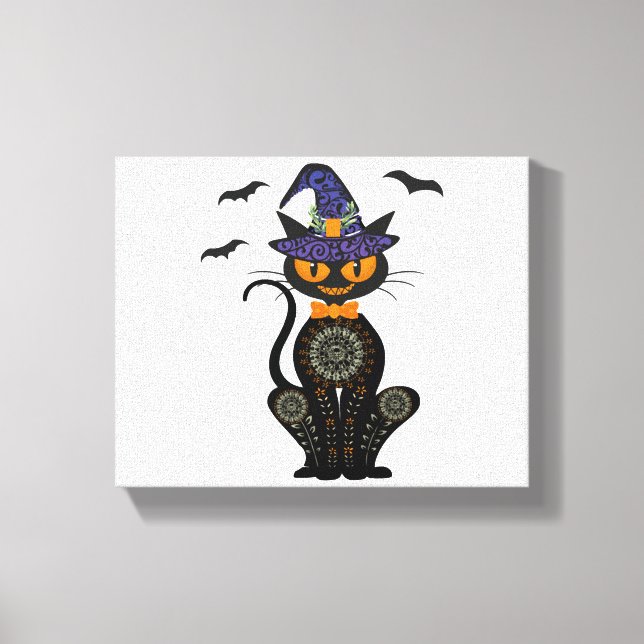 Black Cat Witch Halloween Tshirt Canvas Print (Front)