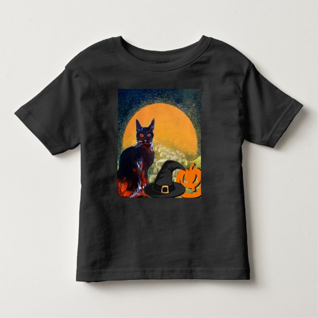 BLACK CAT,WITCH HAT AND PUMPKINS  HALLOWEEN PARTY TODDLER T-Shirt (Front)
