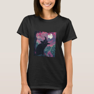 Black Cat Witch Hat Cherry Blossoms T-Shirt
