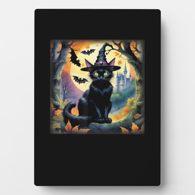 Black Cat Witch Hat Halloween Full Moon Bats Colou Plaque (Front)