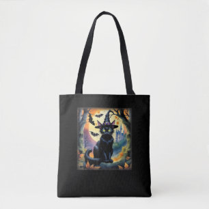 Black Cat Witch Hat Halloween Full Moon Bats Colou Tote Bag