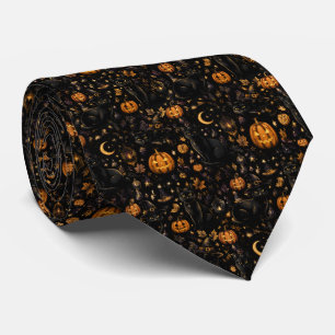 Black Cat Witch Hat Halloween Pumpkin Tie