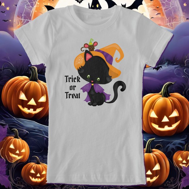 Black Cat Witch Hat Personalise Text Girl's T-Shirt (Creator Uploaded)