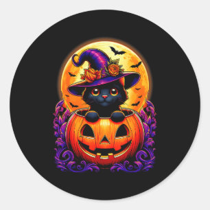 Black Cat Witch Hat Pumpkin Funny Halloween Men Wo Classic Round Sticker