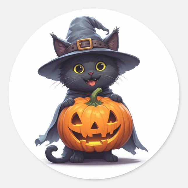 Black Cat Witch Hat Pumpkin Halloween Decor 🎃 Classic Round Sticker (Front)