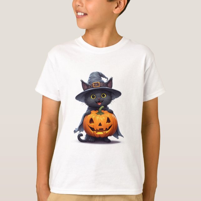 Black Cat Witch Hat Pumpkin Halloween Decor 🎃 T-Shirt (Front)