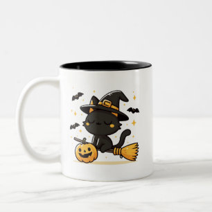 Black Cat Witch on Broomstick & Pumpkin Halloween Two-Tone Coffee Mug