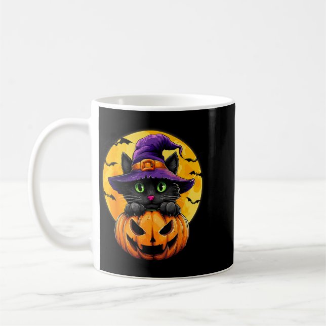 Black Cat Witch Pumpkin Bats Halloween Fall Autumn Coffee Mug (Left)