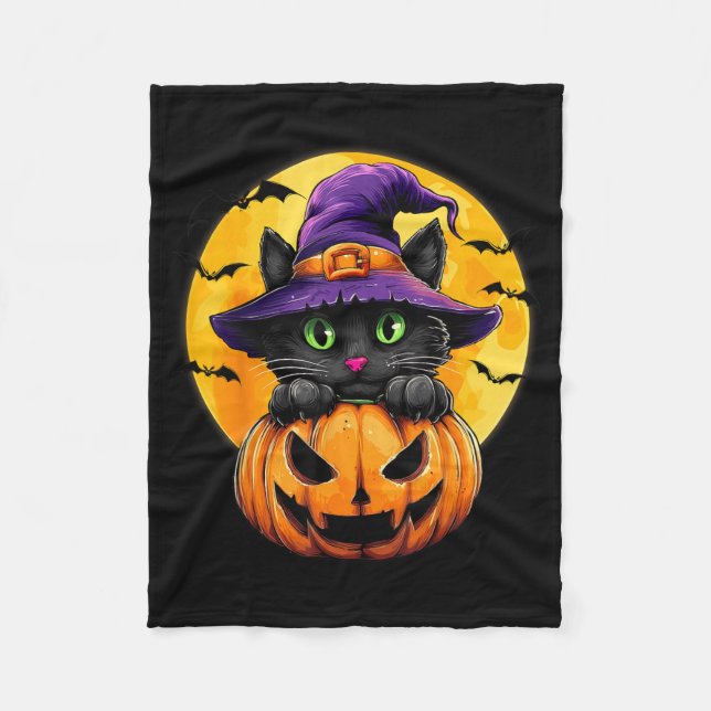 Black Cat Witch Pumpkin Bats Halloween Fall Autumn Fleece Blanket (Front)