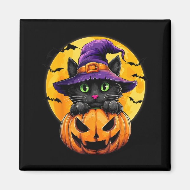 Black Cat Witch Pumpkin Bats Halloween Fall Autumn Magnet (Front)