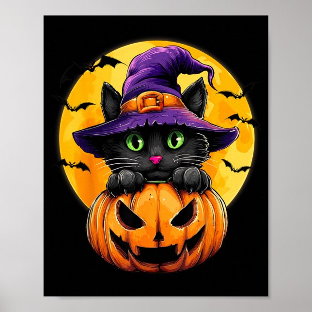 Black Cat Witch Pumpkin Bats Halloween Fall Autumn Poster (Front)