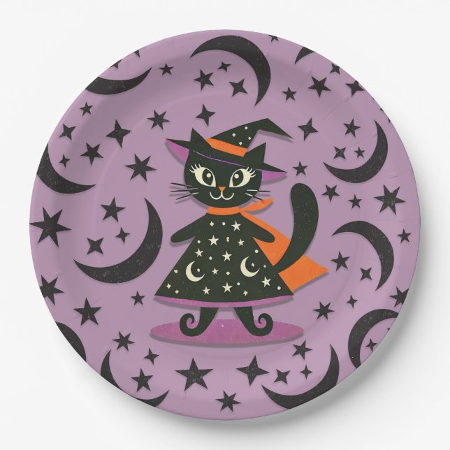 Black Cat Witch Purple Moon Stars Halloween Party  Paper Plate (Front)