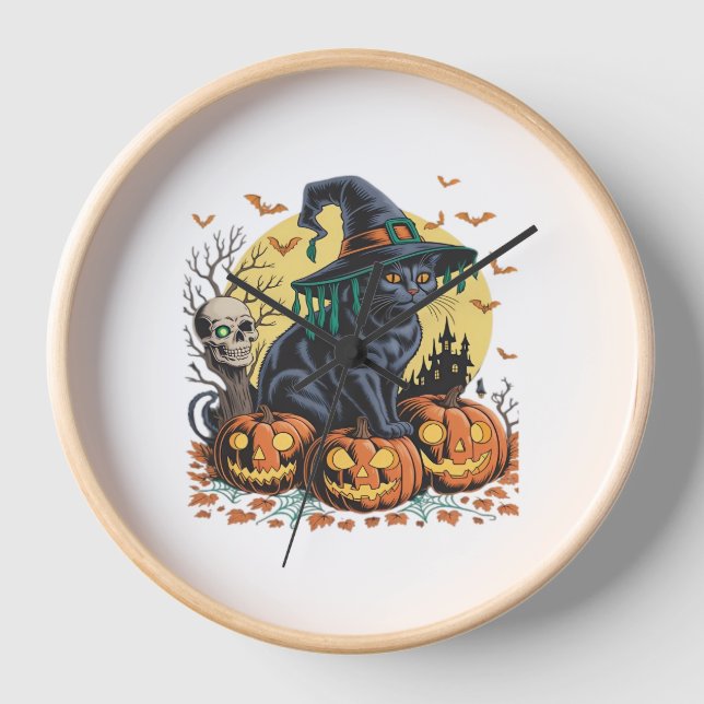 Black Cat Witch Scary Halloween Pumpkin Oversized  Clock (Front)