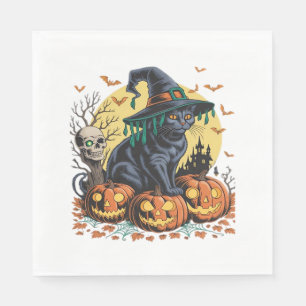 Black Cat Witch Scary Halloween Pumpkin Oversized  Napkin