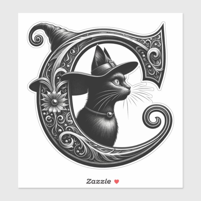 Black Cat Witch Witchy Letter C Custom Initial  (Sheet)
