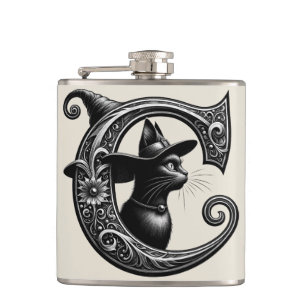 Black Cat Witch Witchy Letter C Custom Initial Hip Flask
