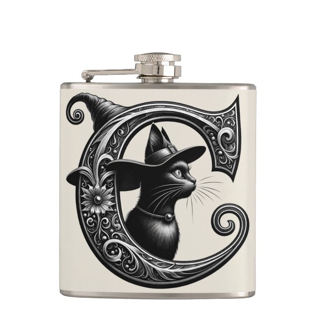 Black Cat Witch Witchy Letter C Custom Initial  Hip Flask (Front)
