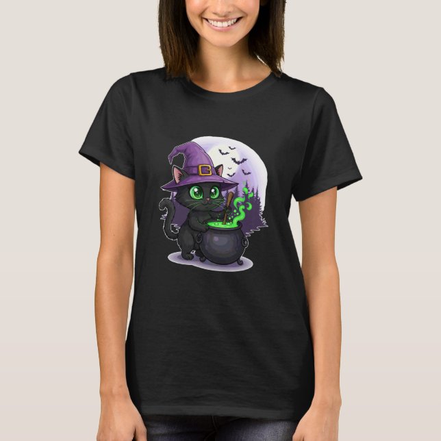 Black Cat Witch with Cauldron and Moon T-Shirt (Front)
