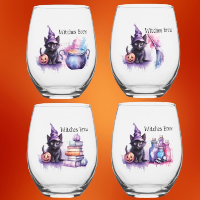 Black Cat Witches Brew: Set of 4 Stemless Wine Glass (Creator Uploaded)