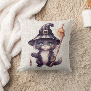 Black Cat Witches Hat Burlap Halloween Cushion