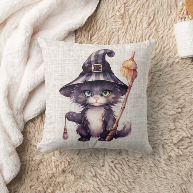 Black Cat Witches Hat Burlap Halloween Cushion (Blanket)