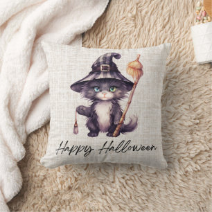Black Cat Witches Hat Burlap Happy Halloween Cushion