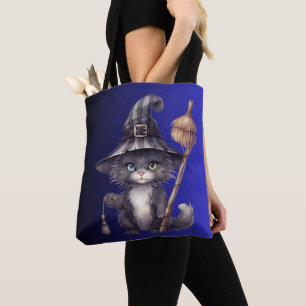 Black Cat Witch's Hat Broom Blue Ombre Halloween Tote Bag